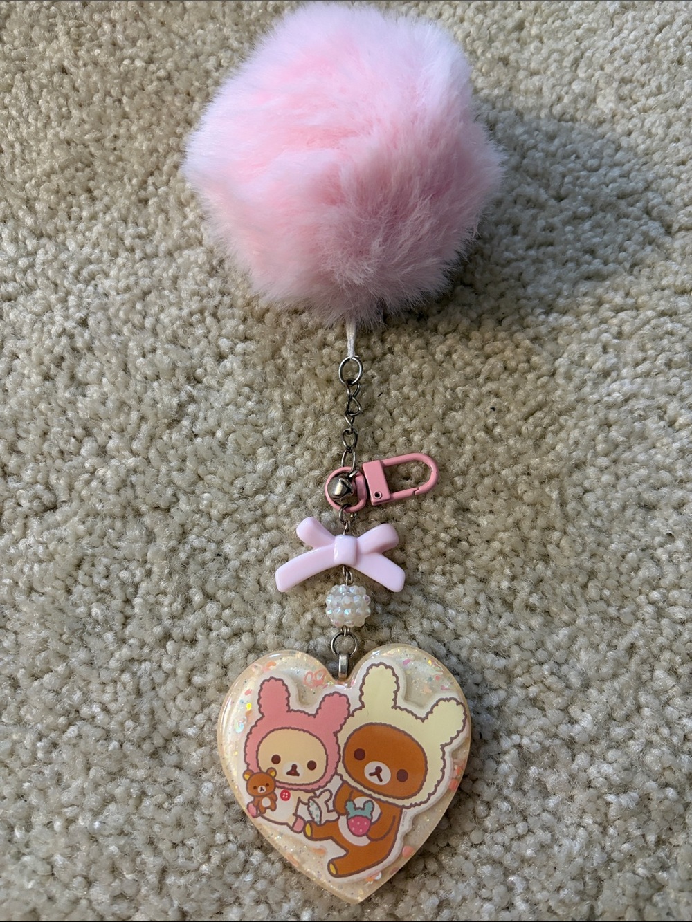 Pink Pom Pom Heart Shaped Resin Keychain with Cute Bears